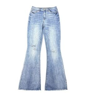 YMI High Rise Flare Jeans Light Wash Distressed Raw Hem Sz28 Retro Y2K Boho